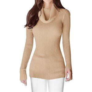 Women’s Cowl Neck Tan Stretchable Knit Long Sleeve Bodycon Sexy Sweater